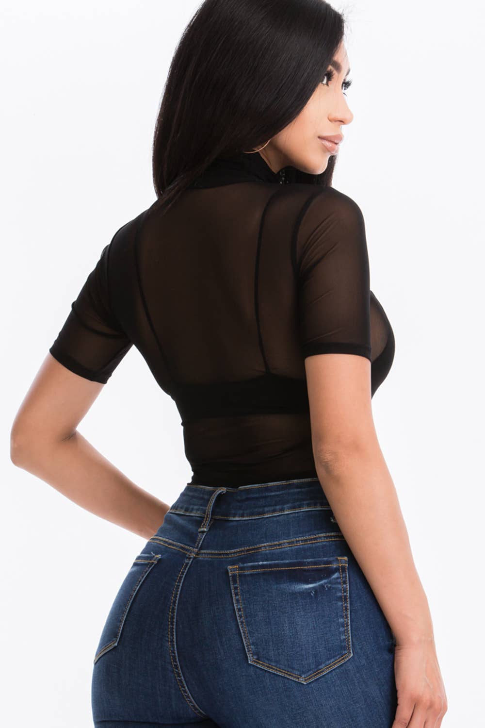 Mesh Sheer Mock Neck Crop Top