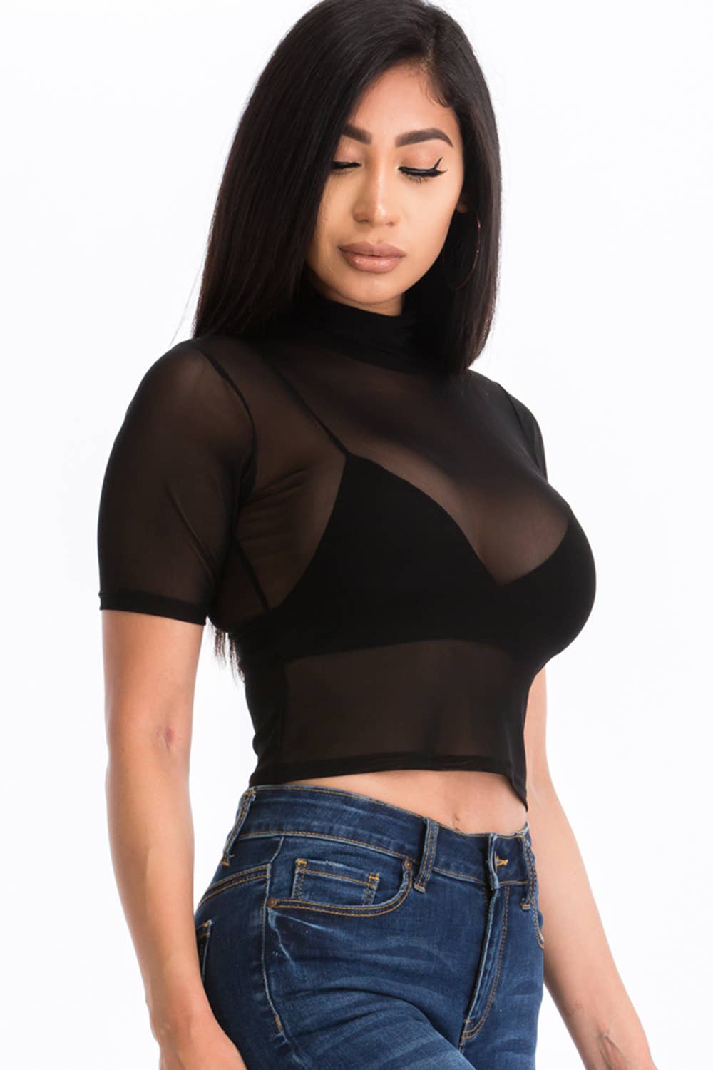 Mesh Sheer Mock Neck Crop Top