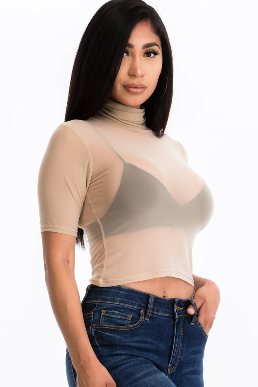 Mesh Sheer Mock Neck Crop Top