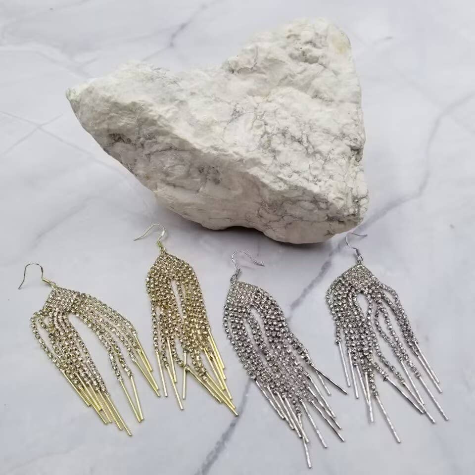 Crystal Fringe Long Earrings: Silver