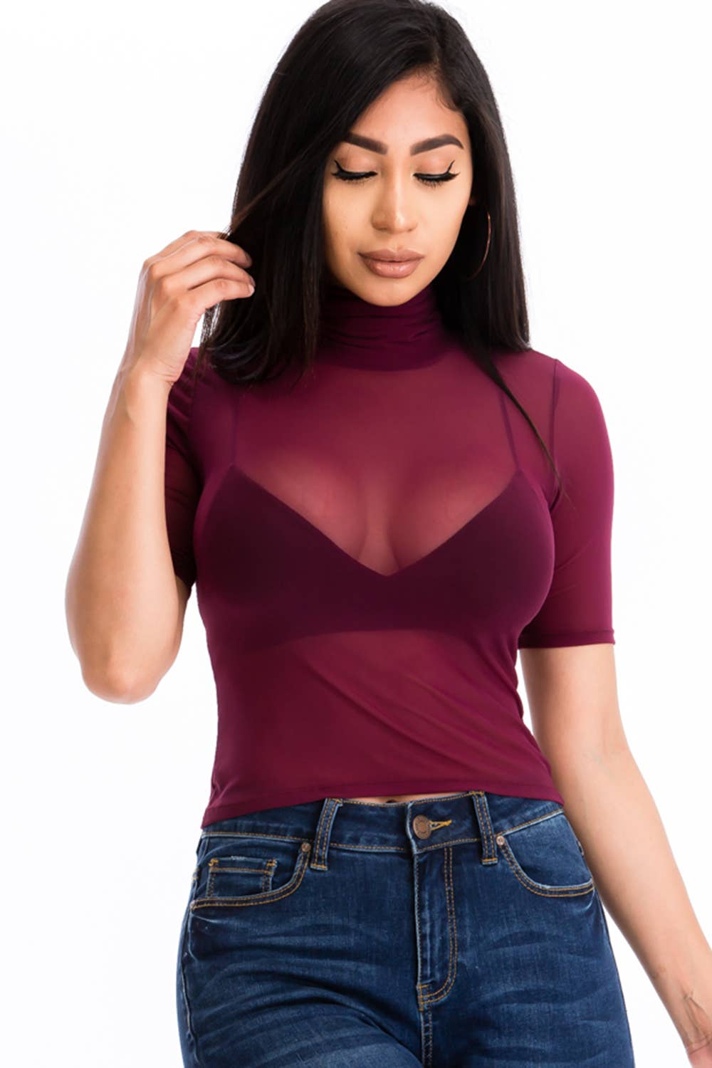 Mesh Sheer Mock Neck Crop Top