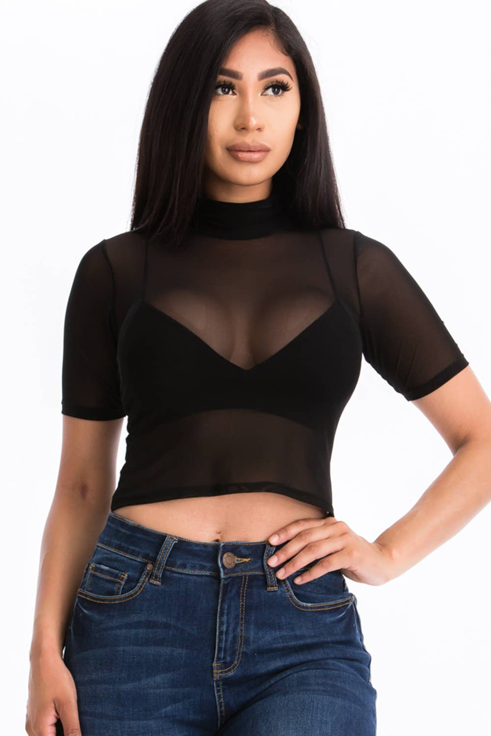 Mesh Sheer Mock Neck Crop Top