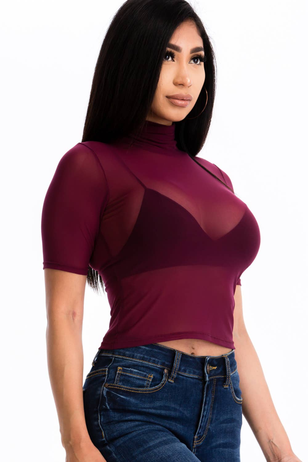 Mesh Sheer Mock Neck Crop Top