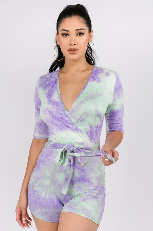 DEEP V TIE DYE TIE WAIST ROMPER