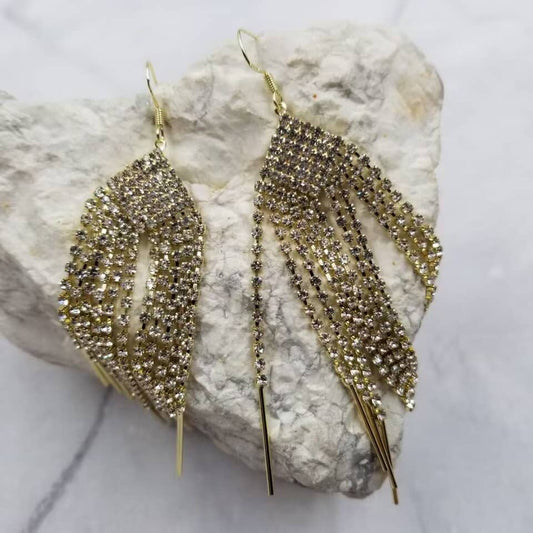 Crystal Fringe Long Earrings: Gold