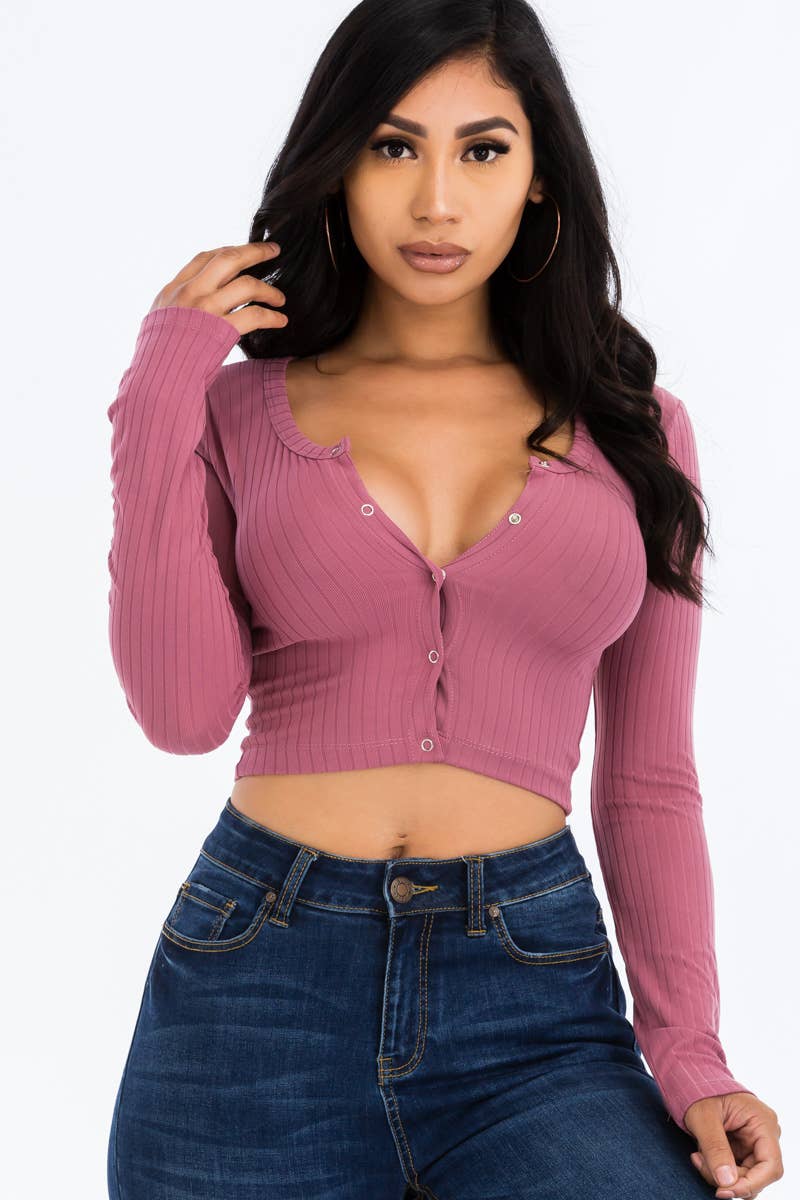 Button Up Ribbed Crop Top Dark Mauve