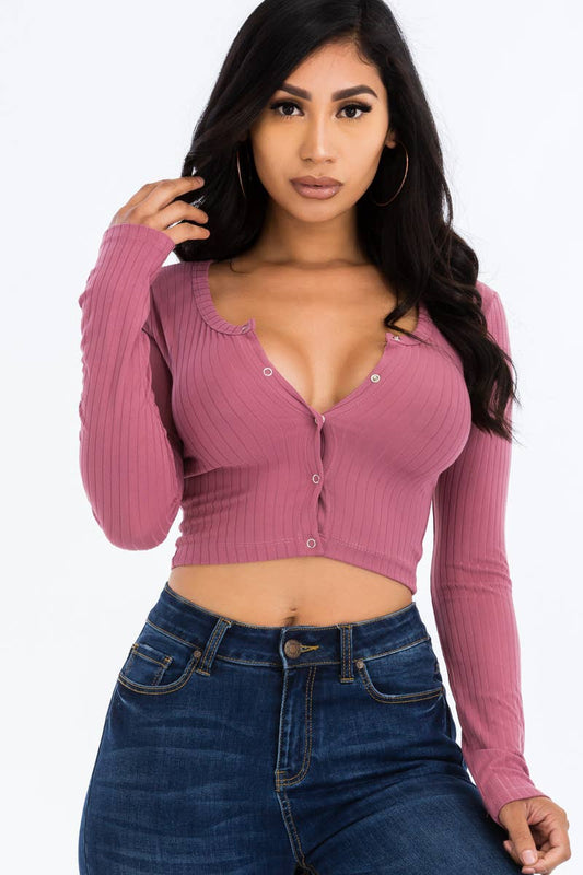 Button Up Ribbed Crop Top Dark Mauve