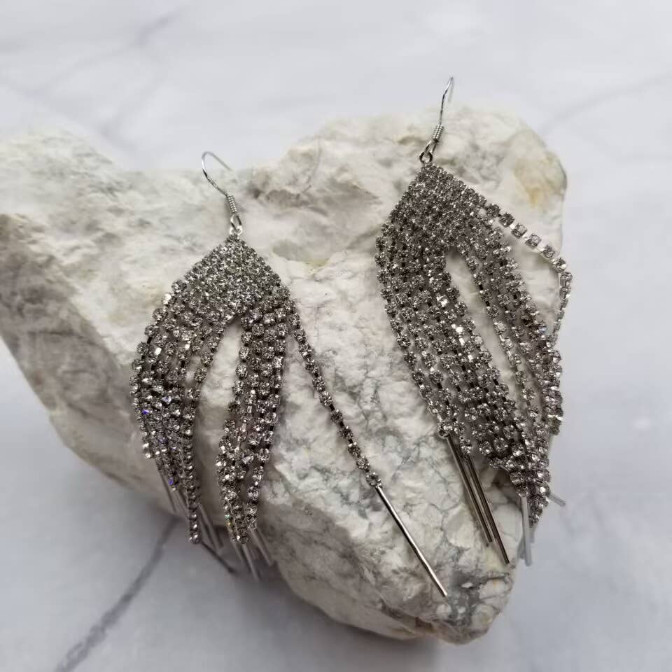 Crystal Fringe Long Earrings: Silver